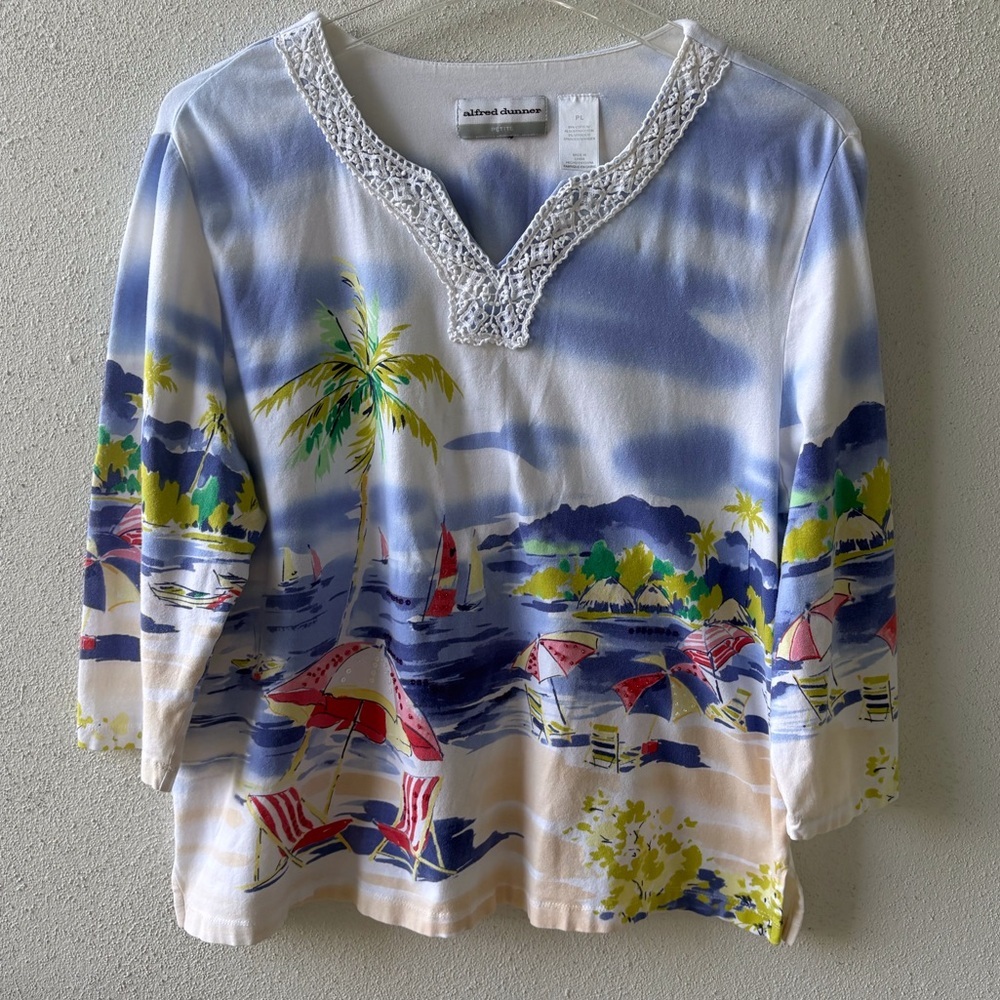 Alfred Dunner Petite Size L Cotton 3/4‎ Sleeve Beach Shirt Cruise Crochet Casual